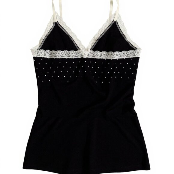Women's Black V Neck Camisole with White Lace Trim and White Polka Dots - Picture 2 of 4